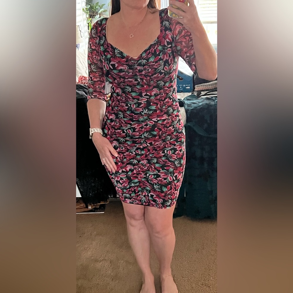 Beautiful form fitting, scrunched,  floral dress! Brand new with tags.